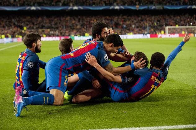 Bilder des Tages - SPORT Fußball, CL, FC Barcelona - Paris St. Germain BARCELONA , March 8, 2017 -- Players of Barcelona celebrate the victory after the UEFA Champions League Round of 16 second leg match between Barcelona and Paris Saint-Germain in Barcelona, Spain on March 8, 2017. Barcelona won 6-1 and advanced to the quarterfinal with 6-5 on aggregate. )(wll) (SP)SPAIN-BARCELONA-SOCCER-UEFA-UCL-BARCELONA VS PARIS SAINT-GERMAIN LinoxDexVallier 