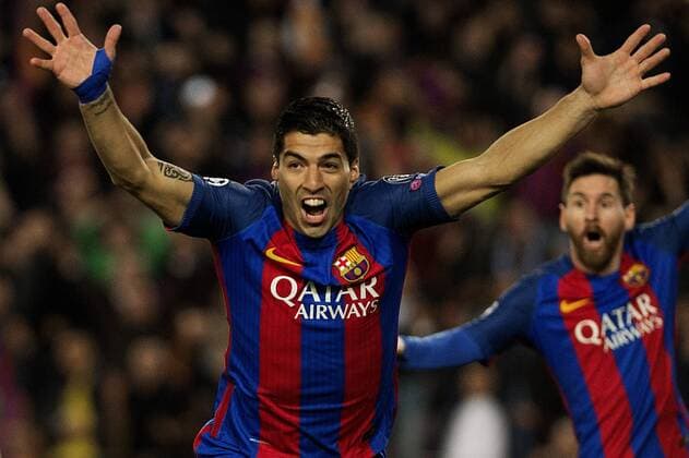 Fußball, CL, FC Barcelona - Paris St. Germain BARCELONA , March 8, 2017 -- Luis Suarez (L) of Barcelona celebrates scoring during the UEFA Champions League Round of 16 second leg match between Barcelona and Paris Saint-Germain in Barcelona, Spain on March 8, 2017. Barcelona won 6-1 and advanced to the quarterfinal with 6-5 on aggregate. )(wll) (SP)SPAIN-BARCELONA-SOCCER-UEFA-UCL-BARCELONA VS PARIS SAINT-GERMAIN LinoxDexVallier 
