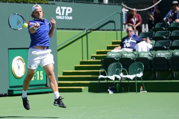 March 8, 2017 - Indian Wells, California, United States - DENIS KUDLA in his second round qualifying match at the BNP Paribas Open tennis tournament in Indian Wells California. Tennis 2017 - BNP Paribas Open - Day 3 - ZUMAl132 20170308_zap_l132_004 Copyright: xChristopherxLevyx