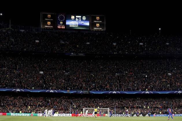 Fußball, CL, FC Barcelona - Paris St. Germain ANZEIGETAFEL FC Barcelona Barca nach Abpfiff Champions League Saison 2016-2017 Spiel Achtelfinale Rueckspiel FC Barcelona - Paris Saint Germain 6 : 1 am 008.03. 2017 im Camp Nou in Barcelona 