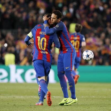 Fußball, CL, FC Barcelona - Paris St. Germain MESSI Lionel Team FC Barcelona Barca mit NEYMAR Champions League Saison 2016-2017 Spiel Achtelfinale Rueckspiel FC Barcelona - Paris Saint Germain 6 : 1 am 008.03. 2017 im Camp Nou in Barcelona 