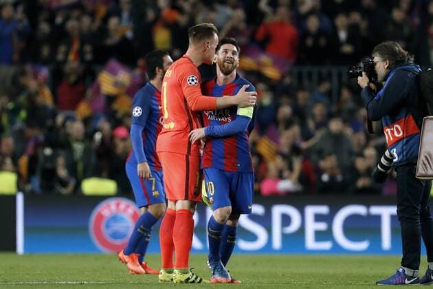Fußball, CL, FC Barcelona - Paris St. Germain MESSI Lionel Team FC Barcelona Barca mit TER STEGEN Champions League Saison 2016-2017 Spiel Achtelfinale Rueckspiel FC Barcelona - Paris Saint Germain 6 : 1 am 008.03. 2017 im Camp Nou in Barcelona 