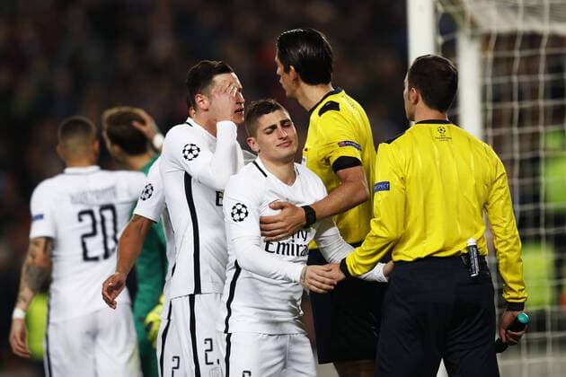 Marco Verratti (PSG), Deniz Aytekin (referee), March 8, 2017 - Football Soccer : UEFA Champions League Round 16 2nd leg match between FC Barcelona Barca 6-1 Paris Saint-Germain at Camp Nou stadium in Barcelona, Spain. Noxthirdxpartyxsales  (oqma021788)