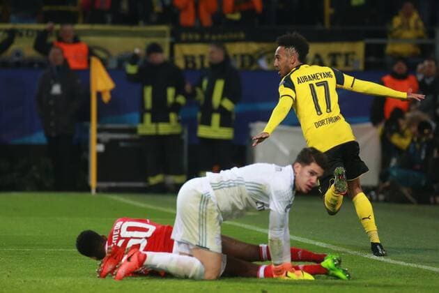 08.03.2017, xkvx, Fussball Champions League, Borussia Dortmund - Benfica Lissabon, emspor, v.l. Torjubel, Goal celebration, celebrate the goal zum 4:0 durc Pierre-Emerick Aubameyang (BVB Borussia Dortmund) Dortmund
