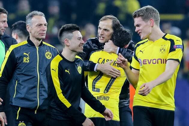 Dortmund, Germany 08.03.2017, UEFA Champions League - 2016 17 Season, Round of 16, Second leg, BV Borussia Dortmund - Benfica Lissabon, Gonzalo Castro (BVB) Trainer Thomas Tuchel (BVB) schlussjubel ( DeFodi048