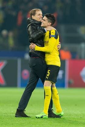 Dortmund, Germany 08.03.2017, UEFA Champions League - 2016 17 Season, Round of 16, Second leg, BV Borussia Dortmund - Benfica Lissabon, 4:0, Trainer Thomas Tuchel (BVB) und Marc Bartra (BVB)nach dem 4:0 sieg ( DeFodi001