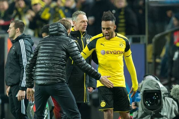 Dortmund, Germany 08.03.2017, UEFA Champions League - 2016 17 Season, Round of 16, Second leg, BV Borussia Dortmund - Benfica Lissabon, 4:0, Trainer Thomas Tuchel (BVB) und Pierre-Emerick Aubameyang (BVB) jubeln ( DeFodi001