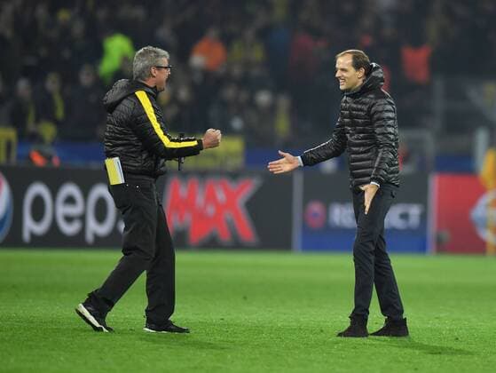 08.03.2017, Fussball, UEFA Champions League, Saison 2016 2017, Achtelfinale, Borussia Dortmund - Benfica Lissabon 4:0, Jubel Trainer Thomas Tuchel (Borussia Dortmund), re., mit Stadionsprecher Norbert Dickel