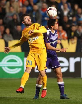 Apoel s Giannis Gianniotas and Anderlecht s Andy Najar fight for the ball during a soccer game between Cypriot club APOEL FC and Belgian team RSC Anderlecht in Nicosia, Cyprus, Thursday 09 March 2017, the first leg of the 1 8 finals of the Europa League competition. VIRGINIExLEFOUR  x05061812x
