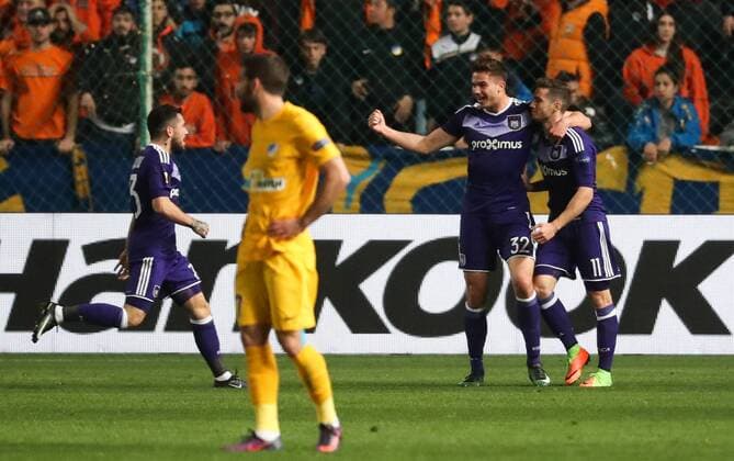 Anderlecht s Nicolae-Claudiu Stanciu celebrates after scoring the 0-1 goal during a soccer game between Cypriot club APOEL FC and Belgian team RSC Anderlecht in Nicosia, Cyprus, Thursday 09 March 2017, the first leg of the 1 8 finals of the Europa League competition. VIRGINIExLEFOUR  x05061815x