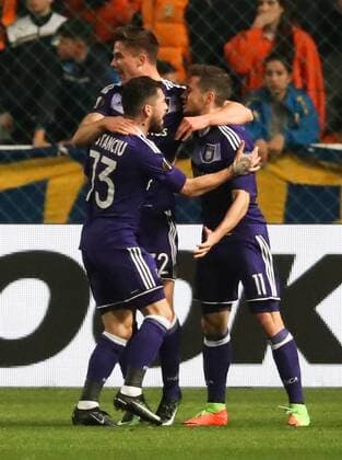 Anderlecht s Nicolae-Claudiu Stanciu celebrates after scoring the 0-1 goal during a soccer game between Cypriot club APOEL FC and Belgian team RSC Anderlecht in Nicosia, Cyprus, Thursday 09 March 2017, the first leg of the 1 8 finals of the Europa League competition. VIRGINIExLEFOUR  x05061823x