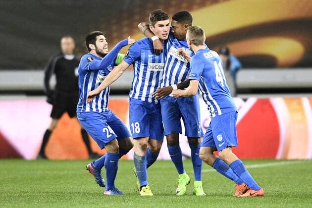 Genk s Ruslan Malinovsky celebrates after scoring during a soccer game between Belgian teams KAA Gent and KRC Genk, Thursday 09 March 2017 in Gent, the first leg of the 1 8 finals of the Europa League competition. YORICKxJANSENS  x05061919x