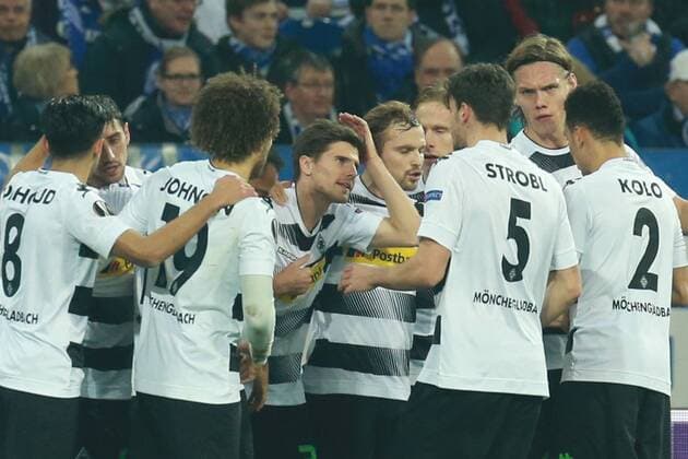 09.03.2017, xkvx, Fussball Europa League, FC Schalke 04 - Borussia Moenchengladbach, emspor, v.l. Torjubel, Goal celebration, celebrate the goal zum 0:1 durch Jonas Hofmann (Borussia Moenchengladbach) Gelsenkirchen