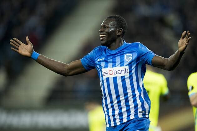 Genk s Omar Colley celebrates after scoring during a soccer game between Belgian teams KAA Gent and KRC Genk, Thursday 09 March 2017 in Gent, the first leg of the 1 8 finals of the Europa League competition. JASPERxJACOBS  x05061949x