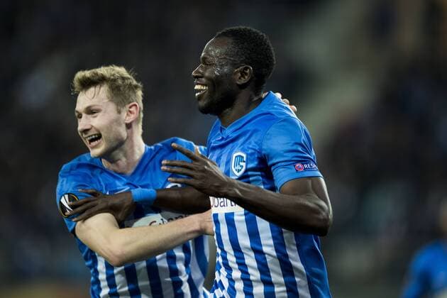 Genk s Omar Colley celebrates after scoring during a soccer game between Belgian teams KAA Gent and KRC Genk, Thursday 09 March 2017 in Gent, the first leg of the 1 8 finals of the Europa League competition. JASPERxJACOBS  x05061947x