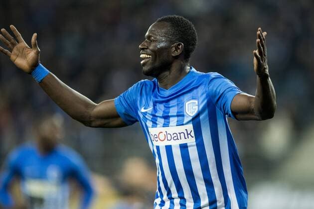 Genk s Omar Colley celebrates after scoring during a soccer game between Belgian teams KAA Gent and KRC Genk, Thursday 09 March 2017 in Gent, the first leg of the 1 8 finals of the Europa League competition. JASPERxJACOBS  x05061948x