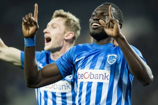 Genk s Omar Colley celebrates after scoring during a soccer game between Belgian teams KAA Gent and KRC Genk, Thursday 09 March 2017 in Gent, the first leg of the 1 8 finals of the Europa League competition. JASPERxJACOBS  x05061946x