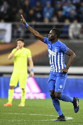 Genk s Omar Colley celebrates after scoring during a soccer game between Belgian teams KAA Gent and KRC Genk, Thursday 09 March 2017 in Gent, the first leg of the 1 8 finals of the Europa League competition. YORICKxJANSENS  x05061940x