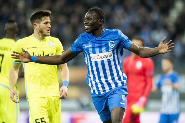 Genk s Omar Colley celebrate after scoring during a soccer game between Belgian teams KAA Gent and KRC Genk, Thursday 09 March 2017 in Gent, the first leg of the 1 8 finals of the Europa League competition. JASPERxJACOBS  x05061941x