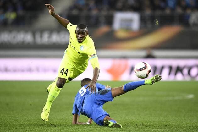 Gent s Anderson Esiti and Genk s Jean-Paul Boetius fight for the ball during a soccer game between Belgian teams KAA Gent and KRC Genk, Thursday 09 March 2017 in Gent, the first leg of the 1 8 finals of the Europa League competition. YORICKxJANSENS  x05061945x