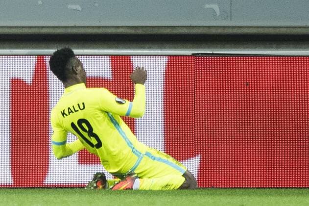 Gent s Samuel Kalu celebrate after scoring during a soccer game between Belgian teams KAA Gent and KRC Genk, Thursday 09 March 2017 in Gent, the first leg of the 1 8 finals of the Europa League competition. JASPERxJACOBS  x05061925x