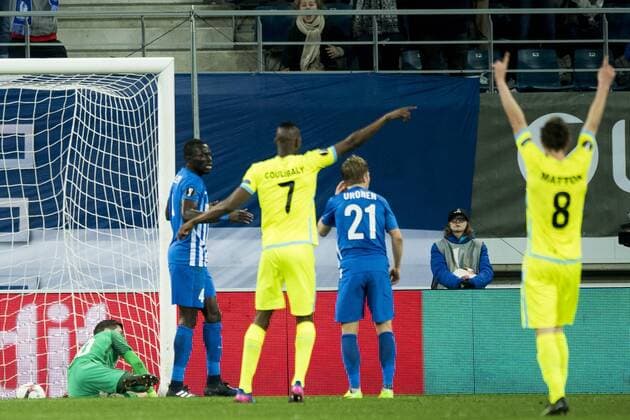 Genk s goalkeeper Mathew Ryan, Genk s Omar Colley, Gent s Kalifa Coulibaly, Genk s Jere Uronen and Gent s Thomas Matton after scoring during a soccer game between Belgian teams KAA Gent and KRC Genk, Thursday 09 March 2017 in Gent, the first leg of the 1 8 finals of the Europa League competition. JASPERxJACOBS  x05061929x