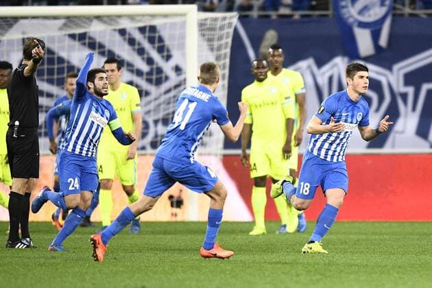 Genk s Ruslan Malinovsky celebrates after scoring during a soccer game between Belgian teams KAA Gent and KRC Genk, Thursday 09 March 2017 in Gent, the first leg of the 1 8 finals of the Europa League competition. YORICKxJANSENS  x05061931x