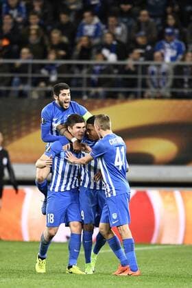 Genk s Ruslan Malinovsky celebrates after scoring during a soccer game between Belgian teams KAA Gent and KRC Genk, Thursday 09 March 2017 in Gent, the first leg of the 1 8 finals of the Europa League competition. YORICKxJANSENS  x05061933x
