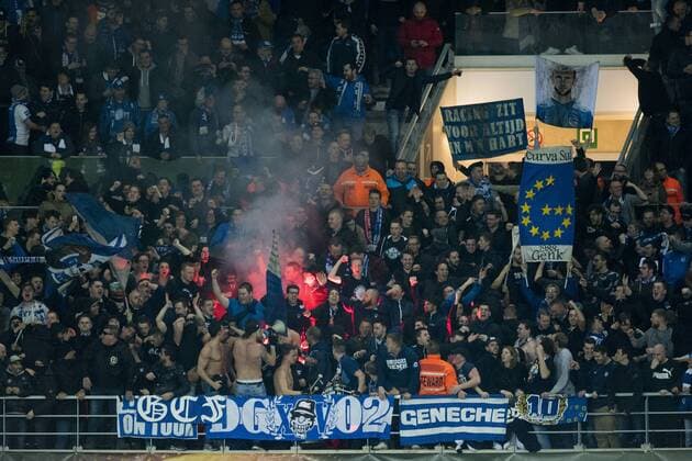 Genk s supporters celebrate after scoring during a soccer game between Belgian teams KAA Gent and KRC Genk, Thursday 09 March 2017 in Gent, the first leg of the 1 8 finals of the Europa League competition. JASPERxJACOBS  x05061935x
