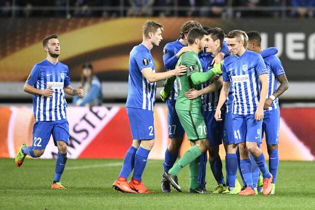 Genk s Ruslan Malinovsky celebrates after scoring during a soccer game between Belgian teams KAA Gent and KRC Genk, Thursday 09 March 2017 in Gent, the first leg of the 1 8 finals of the Europa League competition. YORICKxJANSENS  x05061936x