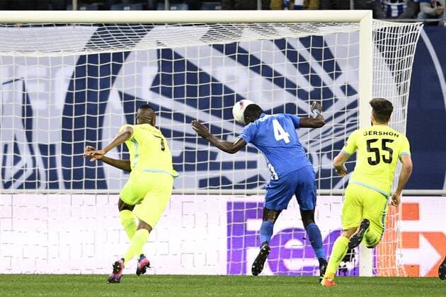 Genk s Omar Colley scoring the 1-2 goal during a soccer game between Belgian teams KAA Gent and KRC Genk, Thursday 09 March 2017 in Gent, the first leg of the 1 8 finals of the Europa League competition. YORICKxJANSENS  x05061937x