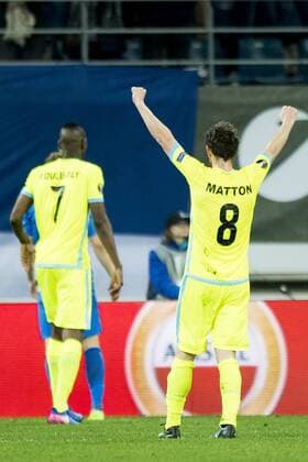 Gent s Thomas Matton celebrate during a soccer game between Belgian teams KAA Gent and KRC Genk, Thursday 09 March 2017 in Gent, the first leg of the 1 8 finals of the Europa League competition. JASPERxJACOBS  x05061926x