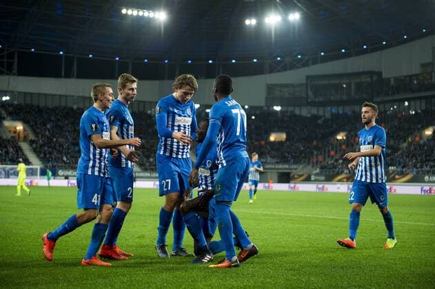 Genk s players celebrate after scoring during a soccer game between Belgian teams KAA Gent and KRC Genk, Thursday 09 March 2017 in Gent, the first leg of the 1 8 finals of the Europa League competition. JASPERxJACOBS  x05061951x