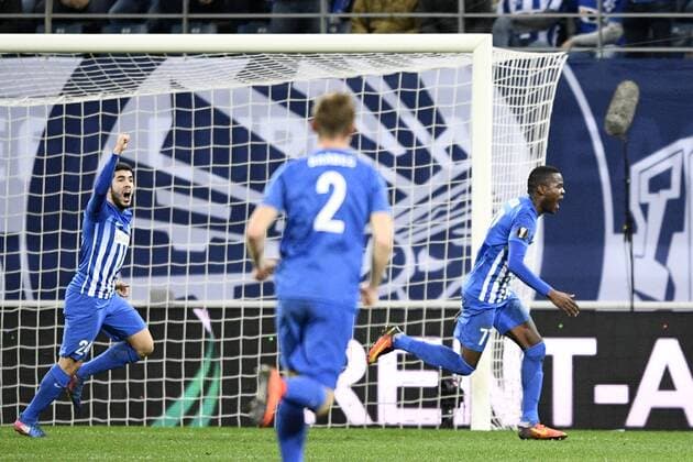 Genk s Mwbana Ally Samatta celebrates after scoring during a soccer game between Belgian teams KAA Gent and KRC Genk, Thursday 09 March 2017 in Gent, the first leg of the 1 8 finals of the Europa League competition. YORICKxJANSENS  x05061954x