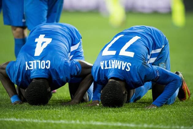 Genk s Omar Colley and Genk s Mwbana Ally Samatta celebrate after scoring during a soccer game between Belgian teams KAA Gent and KRC Genk, Thursday 09 March 2017 in Gent, the first leg of the 1 8 finals of the Europa League competition. JASPERxJACOBS  x05061956x