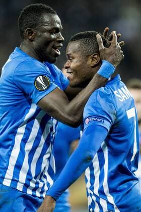 Genk s Omar Colley and Genk s Mwbana Ally Samatta celebrate after scoring during a soccer game between Belgian teams KAA Gent and KRC Genk, Thursday 09 March 2017 in Gent, the first leg of the 1 8 finals of the Europa League competition. JASPERxJACOBS  x05061958x
