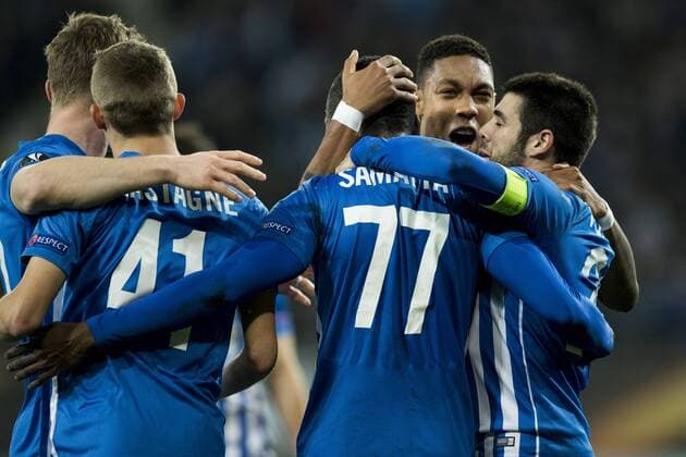 Genk s players celebrates after scoring during a soccer game between Belgian teams KAA Gent and KRC Genk, Thursday 09 March 2017 in Gent, the first leg of the 1 8 finals of the Europa League competition. JASPERxJACOBS  x05061995x