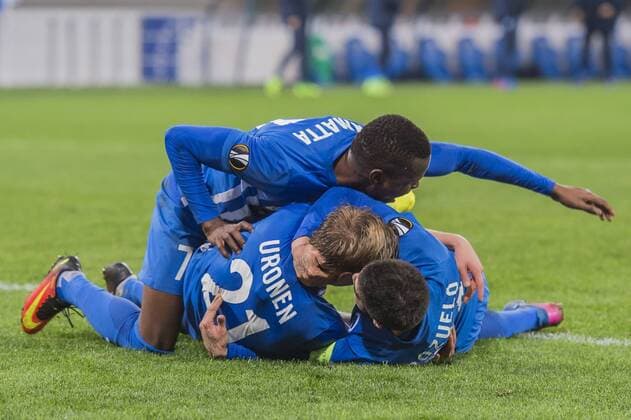 KRC Genk celebrate the goalduring the UEFA Europa League round of 16 match between KAA Gent and KRC Genk on March 09, 2017 at the Ghelamco Arena in Gent, Belgium. KAA Gent v KRC Genk UEFA Europa League 2016 2017 xVIxGerritxvanxKeulenxIVx 7293955