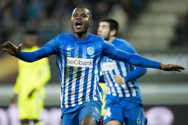 Genk s Mwbana Ally Samatta celebrateS after scoring during a soccer game between Belgian teams KAA Gent and KRC Genk, Thursday 09 March 2017 in Gent, the first leg of the 1 8 finals of the Europa League competition. JASPERxJACOBS  x05062000x