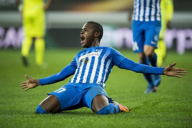 Genk s Mwbana Ally Samatta celebrate after scoring during a soccer game between Belgian teams KAA Gent and KRC Genk, Thursday 09 March 2017 in Gent, the first leg of the 1 8 finals of the Europa League competition. JASPERxJACOBS  x05062008x