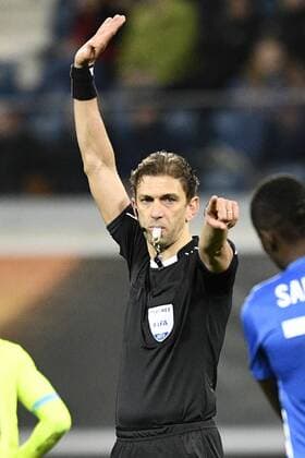 Italian referee Paolo Tagliavento pictured during a soccer game between Belgian teams KAA Gent and KRC Genk, Thursday 09 March 2017 in Gent, the first leg of the 1 8 finals of the Europa League competition. YORICKxJANSENS  x05062034x