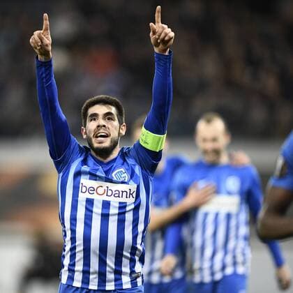 Genk s Alejandro Pozuelo celebrates during a soccer game between Belgian teams KAA Gent and KRC Genk, Thursday 09 March 2017 in Gent, the first leg of the 1 8 finals of the Europa League competition. YORICKxJANSENS  x05062063x
