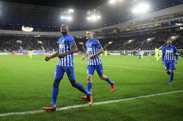 Genk s Mwbana Ally Samatta celebrates after scoring the 2-6 goal during a soccer game between Belgian teams KAA Gent and KRC Genk, Thursday 09 March 2017 in Gent, the first leg of the 1 8 finals of the Europa League competition. YORICKxJANSENS  x05062067x