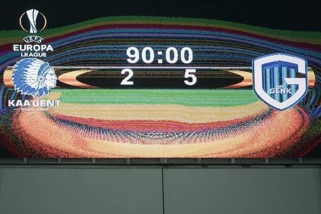 Illustration picture shows the scoreboard with the result 2-5 after a soccer game between Belgian teams KAA Gent and KRC Genk, Thursday 09 March 2017 in Gent, the first leg of the 1 8 finals of the Europa League competition. JASPERxJACOBS  x05062096x