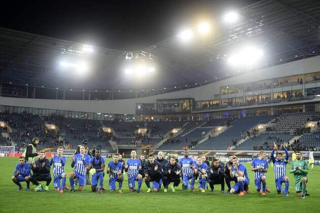 Genk s players celebrate after winning a soccer game between Belgian teams KAA Gent and KRC Genk, Thursday 09 March 2017 in Gent, the first leg of the 1 8 finals of the Europa League competition. YORICKxJANSENS  x05062097x