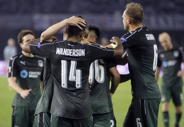 FC Krosnadar s players jubilate the first goal of the team against Celta de Vigo during their Europa League round of 16 first leg match at Balaidos stadium in Vigo, Galicia, Spain, 09 March 2017. CELTA DE VIGO VS. FC KRASNODAR !ACHTUNG: NUR REDAKTIONELLE NUTZUNG!  Copyright: xSalvadorxSasx GAL001 20170309-636246976439523150