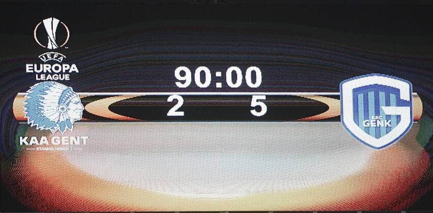 Illustration picture shows the scoreboard with the result 2-5 after a soccer game between Belgian teams KAA Gent and KRC Genk, Thursday 09 March 2017 in Gent, the first leg of the 1 8 finals of the Europa League competition. YORICKxJANSENS  x05062089x