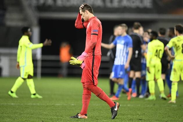 Gent s goalkeeper Lovre Kalinic pictured after a soccer game between Belgian teams KAA Gent and KRC Genk, Thursday 09 March 2017 in Gent, the first leg of the 1 8 finals of the Europa League competition. YORICKxJANSENS  x05062115x