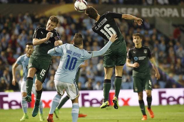 Zhigulev, Iago Aspas, Claesson. 1 8 first leg match of Europa League between Celta Vigo and FK Krasnodar. In this picture, Zhigulev, Iago Aspas and Claesson. xJORGExLANDINx 