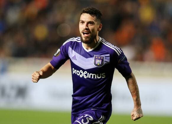 (170310) -- NICOSIA, March 9, 2017 -- Anderlecht s Nicolae Stanciu celebrates scoring during the Europa League Round of 16 first leg match between Anderlecht and APOEL in Nicosia, Cyprus, on March 9, 2017. Anderlecht won 1-0.) (SP)CYPRUS-NICOSIA-SOCCER-UEFA-EUROPA LEAGUE SakisxSavvides 